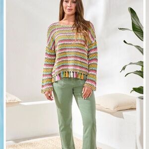 Colorful Striped crotchet tassel Sweater by tribal size medium nwt